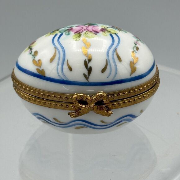 Vtg Limoges France Egg Shaped Hinged Trinket Box Floral Ribbon Thimble Inside - Picture 2 of 10